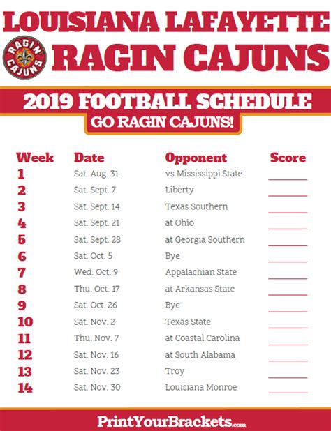 Printable Louisiana Lafayette Ragin Cajuns Football | Printable Schedule