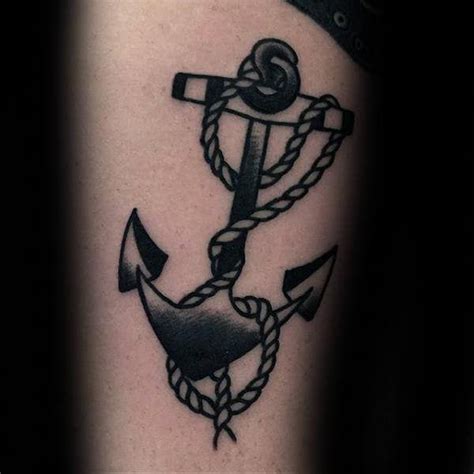 Black Ink Shaded Small Simple Guys Old School Traditional Anchor Thigh