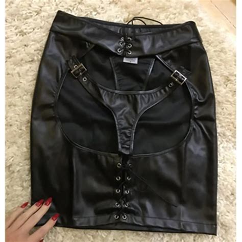 Hot Sexy Women Pu Leather Mooning Spanking Skirt With Thong Fetish