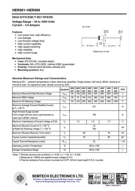 HER507 SEMTECH RECTIFIERS Hoja de datos Ficha técnica Distribuidor