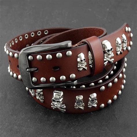 Skull Studded Rivet Genuine Leather Punk Rock Belt Mens Waistband Brown