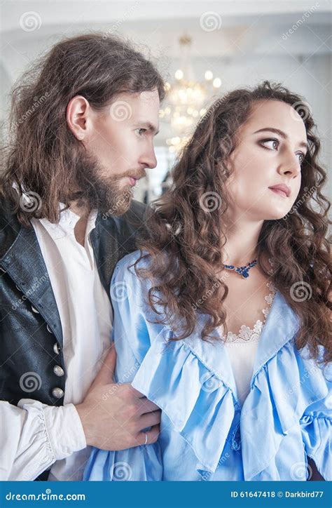 Beautiful Passionate Couple Woman And Man In Medieval Clothes Stock