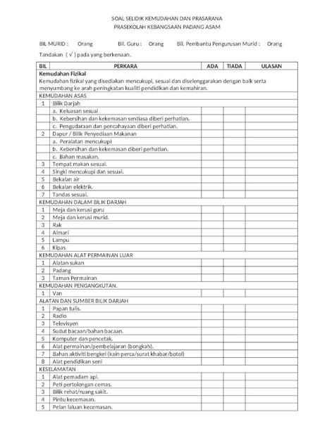 Docx Soal Selidik Kemudahan Dan Prasarana Dokumen Tips