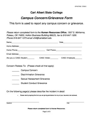 Fillable Online Carlalbert Campus Concern Grievance Form Carlalbert