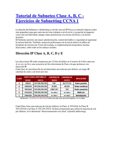 Ejemplos Subneteo Nota 10 Tutorial De Subneteo Clase A B C