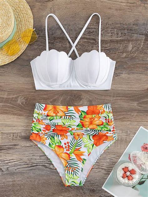 Ba Ador Bikini Push Up Con Estampado Tropical Ribete En Abanico Moda