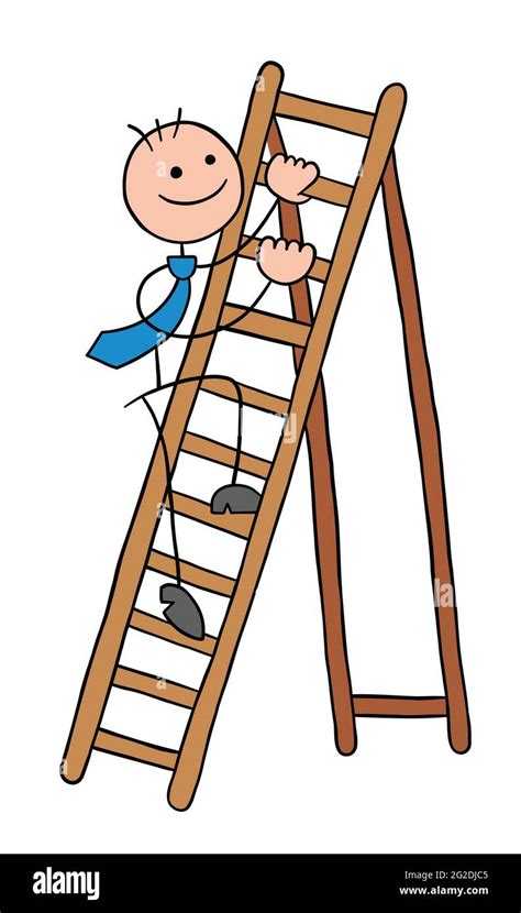 Stickman Businessman Character Climbing The Wooden Ladder Vector