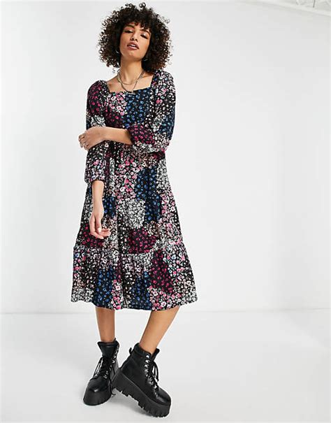 Violet Romance Square Neck Tiered Midi Dress In Patchwork Floral Print