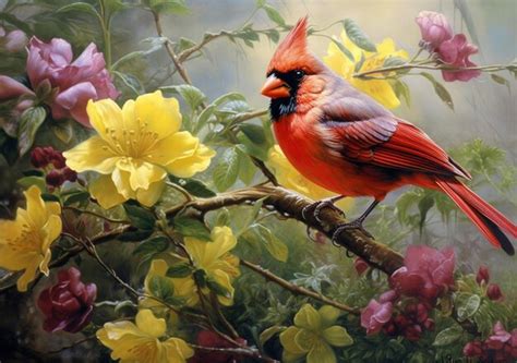 Pintura De Un P Jaro Cardenal Posado En Una Rama De Un Rbol Con Flores