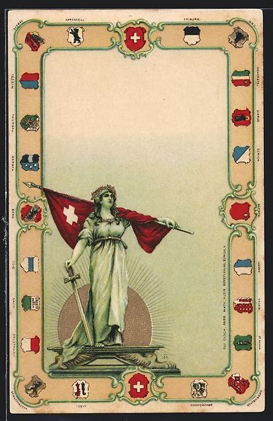 Lithographie Schweiz Helvetia Mit Fahne Wappen Der Kantone