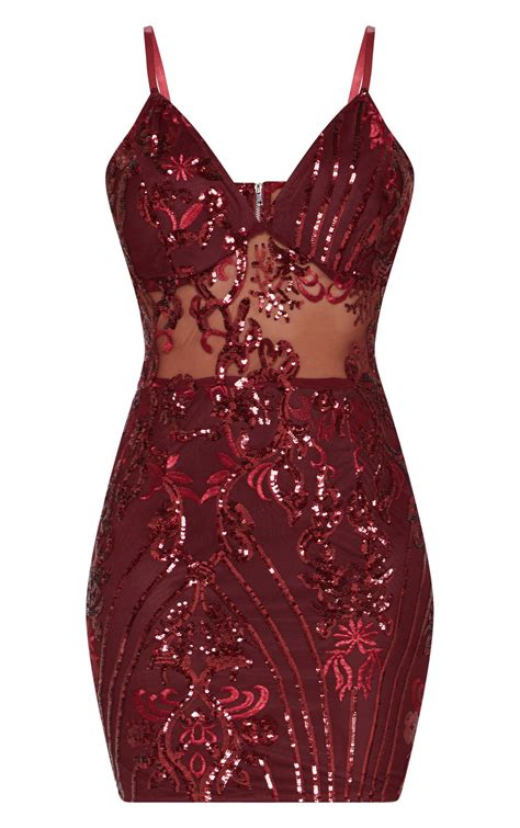 Burgundy Strappy Sheer Panel Sequin Bodycon Dress Prettylittlething Usa Bodycon Cocktail Dress