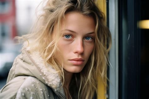 Una Hermosa Mujer Rubia Con Ojos Azules Mirando Por La Ventana Foto