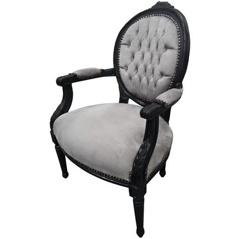 Fauteuil Baroque De Style Louis Xvi Tissu Gris Et Bois Noir Mat