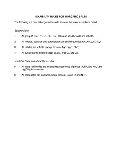 Fillable Online SOLUBILITY RULES FOR INORGANIC SALTS Fax Email Print