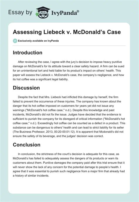 Assessing Liebeck V Mcdonalds Case 285 Words Assessment Example