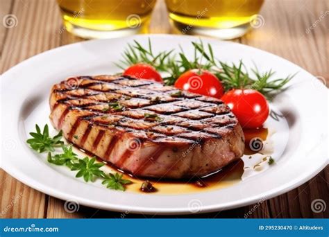 Um Belo Bife De Atum Grelhado Numa Placa Branca Foto De Stock Imagem