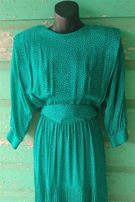 Vintage Late 1980s Polka Dot Emerald Green Dress Pla… Gem