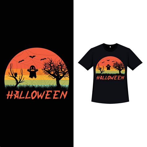 Halloween Retro Color T Shirt Design With A Scary Ghost And Dead Trees