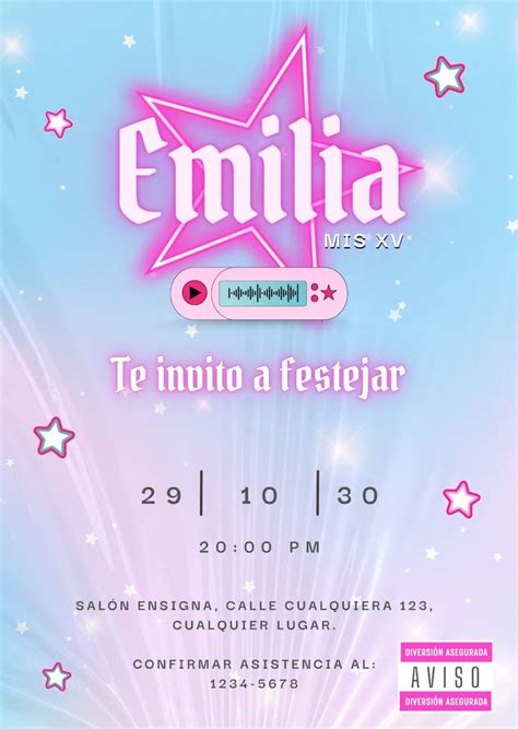 Emilia Mernes invitación cumpleaños mp3 plantilla editable en Canva