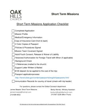 Fillable Online Short Term Missions Application Checklist Short