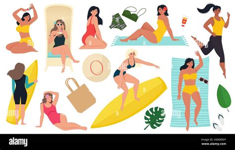 Summer Set Women Restings In Swimsuits Vector Isolated Illustration