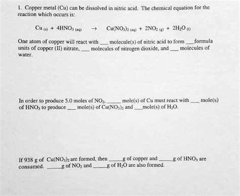 Solved Copper Metal Cu Can Be Dissolved In Nitric Acid The Chemical Equation For The