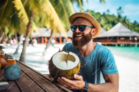 Premium Photo Guy Eating Coconut At The Beach