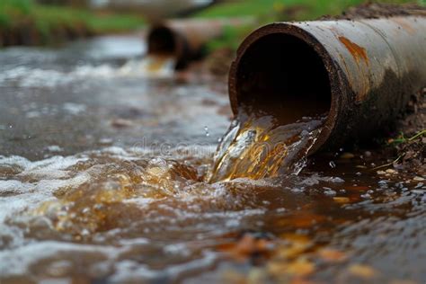 Dirty Water From A Sewage Pipe Being Pumped Into A Clean River Stock