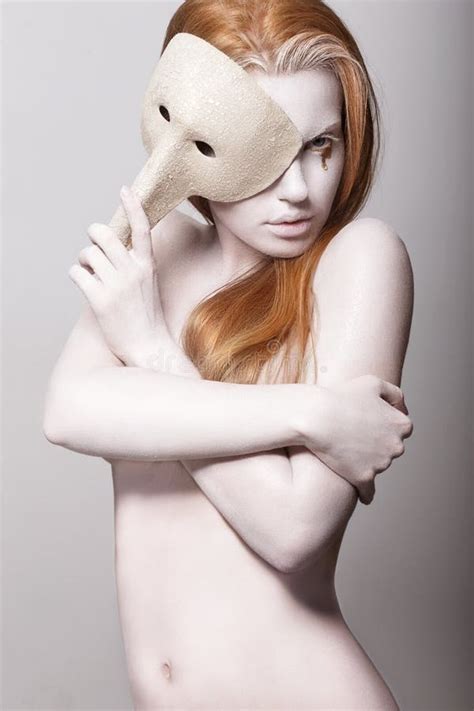 Burlesque Naked Styled Woman Colored White With Venetian Mask Stock Image Image Of Conceal