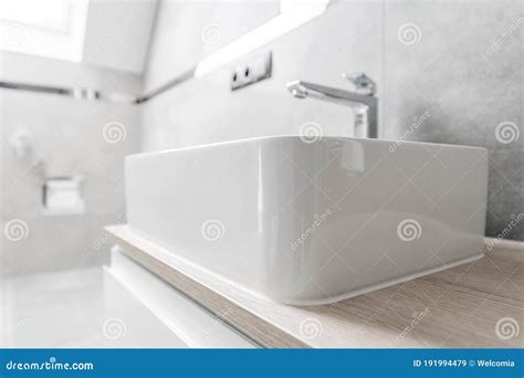 Classic White Rectangle Bathroom Vessel Sink with Chromed Faucet Stock Image - Image of ...