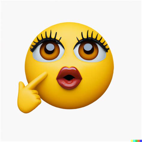 "Yellow emoji with eyelashes and big lips looking up-right, pointing at ...