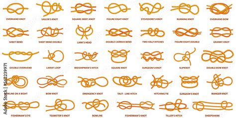 Yellow nautical rope knot, interweaving of ropes, tapes or other ...