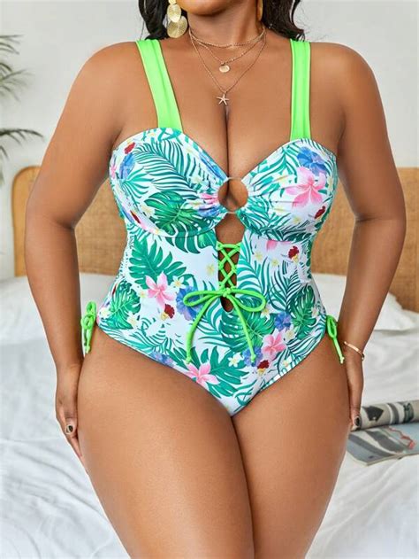 Plus Tropical Print Ring Linked Lace Up Side One Piece Swimsuit Shein Usa