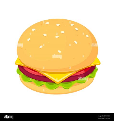 Burger clip art illustration in flat cartoon style. Isolated vector drawing of cheeseburger with ...