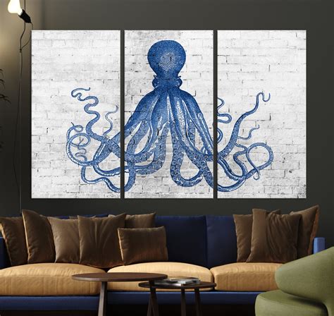 Blue Abstract Octopus Wall Art Canvas Print, Octopus Triptych Kraken ...