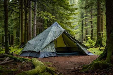 Premium AI Image Green Camping Tarp Tents In The Woods Survivalism