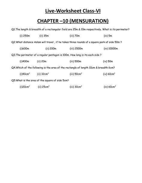 Live Worksheet Mensuration Class Vi 6308502 Rajender