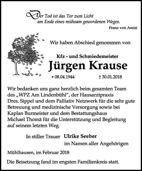 Traueranzeigen von Jürgen Krause trauer in thueringen de