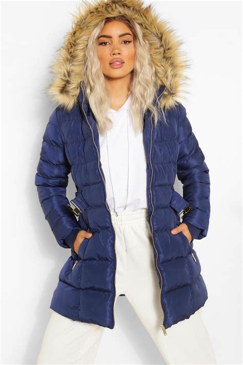 Faux Fur Trim Hooded Belted Puffer Jacket Boohoo