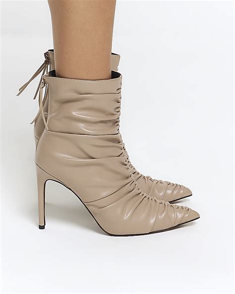 Beige Ruched Heeled Ankle Boots River Island