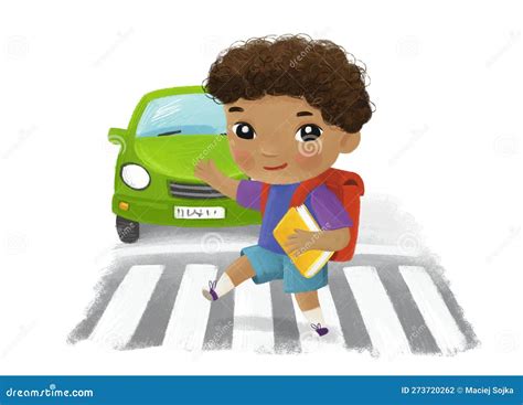 Cartoon Scene with Child Boy Going through Crossing in the City Street Illustration for Children ...