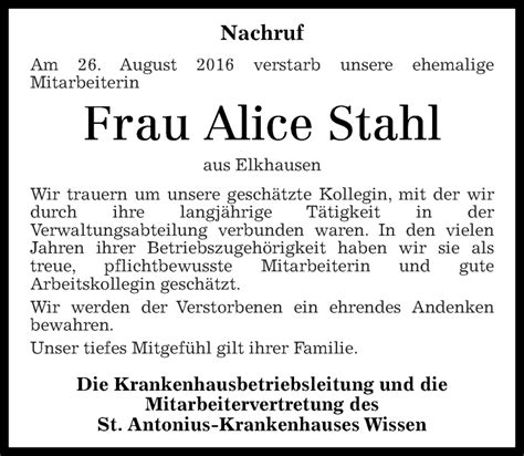 Traueranzeigen Von Alice Stahl Rz Trauer De