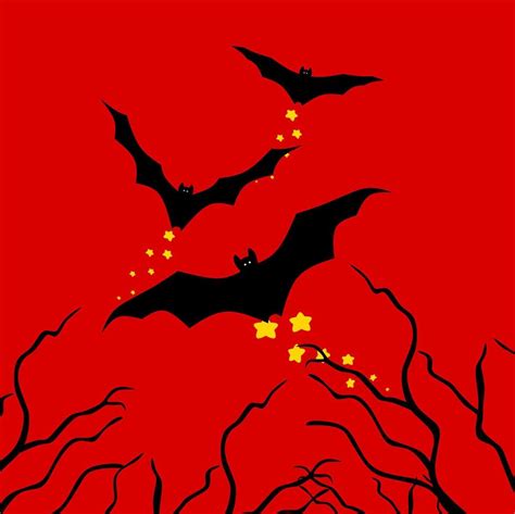 Black Bat Flying Over Dry Tree With Yellow Asterisk On Red Background