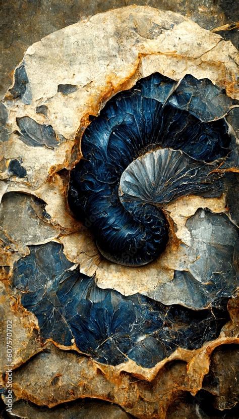 Fossilized Ammonite Sea Shell Spirals Embedded Into Dark Cobalt Blue