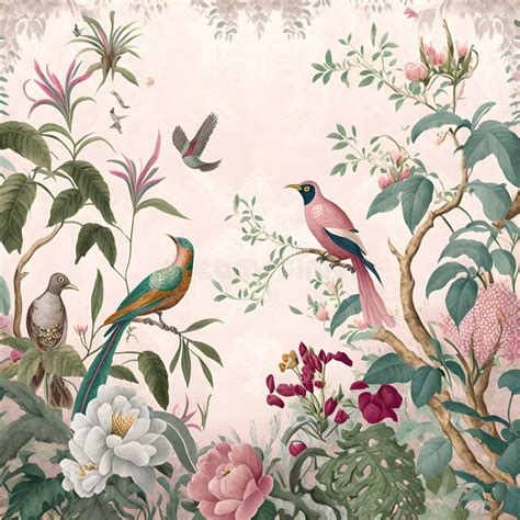 Papier Peint Style Jungle Vintage Avec Oiseaux Plantes Et Fleurs