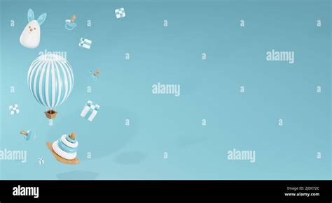 3D Render Baby Shower Horizontal Banner With Cartoon Hot Air Balloon Helium Balloons And Baby