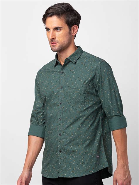 Spykar Men Sage Green Cotton Slim Fit Printed Shirt Mshps1bc110sagegreen