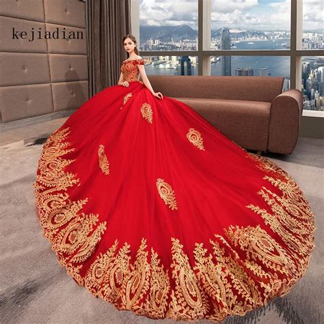 Dubai Luxo Vermelho Vestidos De Casamento La O Dourado Barco