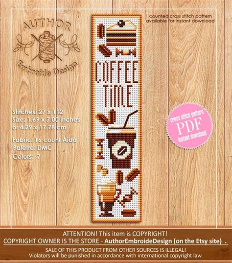 Bookmark Coffee Time Cross Stitch Pattern Digital Pdf Handmade Bookmark Embroidery Beginners