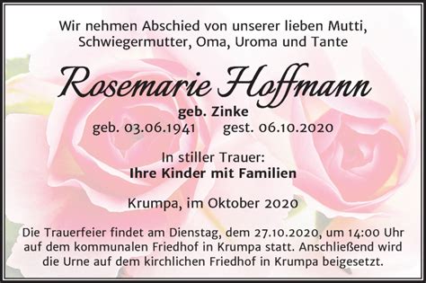 Traueranzeigen Von Rosemarie Hoffmann Abschied Nehmen De